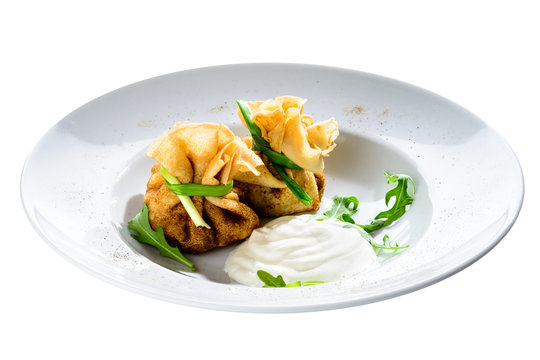 New menu in the cafe. Russian pancakes blini with fresh cream cheese isolated on white background