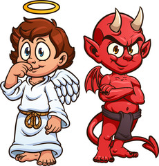 Cartoon angel and devil. Vector clip art illustration with simple gradients. Each on a separate layer. 