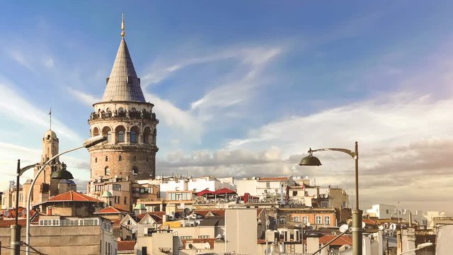 Cinemagraph - Beyoglu district historic architecture and Galata tower medieval landmark in Istanbul, Turkey.   4k high quality footage.