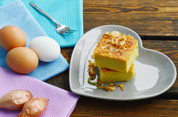 Thai Dessert Menu on wooden background.
Mung Bean Thai Custard Dessert Recipe (Thai name is Khanom Maw Kaeng)