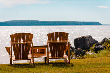 Benches with a view of Mackinac Island on Lake Michigan