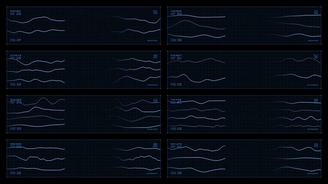 Monochromatic, eight-panel visual display of animated line graphs revealed with feathered track mattes. Related readouts and indicators. Reversible seamless loop.  