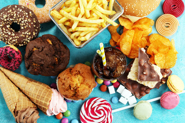 Unhealthy products. food bad for figure, skin, heart and teeth.