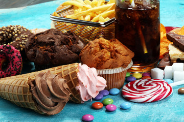 Unhealthy products. food bad for figure, skin, heart and teeth.