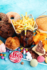 Unhealthy products. food bad for figure, skin, heart and teeth.