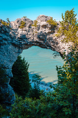 Portrait view of Arch Rock looking out over Lake Huron on Mackinac Island