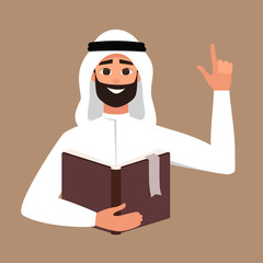 Vector portrait of smiling brunette arab man reading book. Student learning illustration. Arab boy with his hand up as asign of attention
