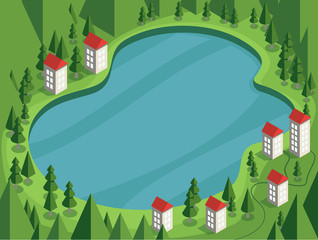 Vector illustration in cartoon style Summer landscape with a lake, house, road, pines, hills. Mountain green valley landscape with Houses on the lake bank