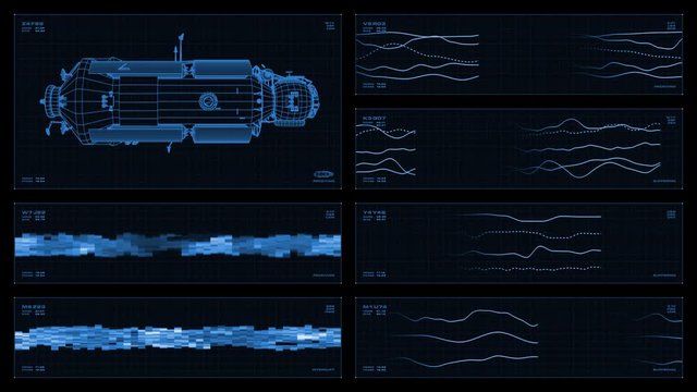 Monochromatic multi-panel visual display: wireframe, animated line graphs, waveforms, readouts, indicators. Reversible seamless loop.  