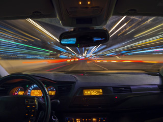 Car driving fast - view from inside a car
