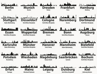 Germany largest cities skylines silhouettes vector set