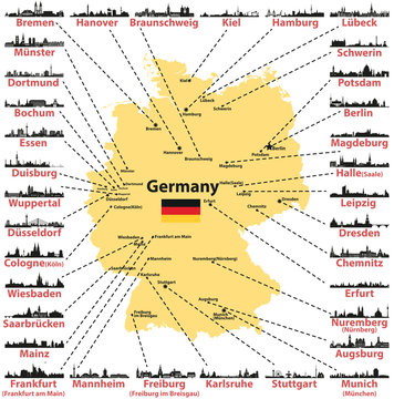 Germany vector map with states capitals and largest citites skylines silhouettes