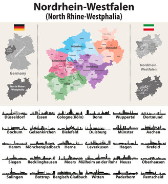 Germany state North Rhine-Westphalia high detailed vector map with largest cities skylines silhouettes