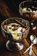 Avocado chocolate mousse with cream, honey and chocolate pieces