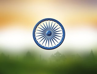 Dharmachakra. Ashoka Chakra. Wheel of the Dharma. Symbol from the flag of India. 3D rendering. Colors of the national flag of India. Three-dimensional image of a Buddhist symbol.