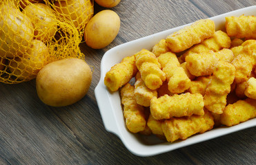 Frozen Cylindrical potato croquettes or German name is Kroketten.