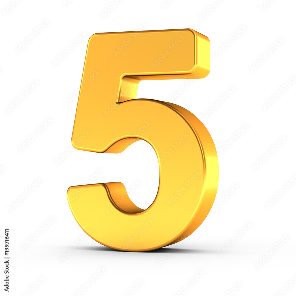 Poster the number five as a polished golden object with clipping path