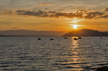 Sunset Liptovska Mara lake in Liptovsky Trnovec village, Slovakia.
