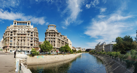 Panoramic view of historical Buildings in Bucharest city center. Blocul Adriatica-Trieste, Imobilul Adriatica are located on famous street Calea Victoriei