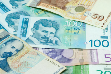 various banknotes of serbian dinar and bulgarian leva bilateral trading commerce exchange concept