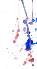 Blue and red watercolor splashes and blots on white background. Ink painting. Hand drawn illustration. Abstract watercolor artwork. 