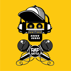 Rap battle sign with skull and two microphones. Retro style illustration. Hip-hop party.
