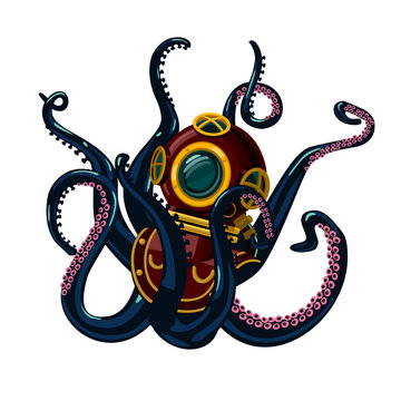 recommend clip art: Vintage diving suit with octopus. Retro scuba helmet and tentacles. Tattoo style.