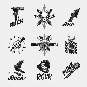 Rock music icon set. Vintage black emblem collection isolated on white.
