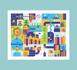 City map Abstract. Town background. Road and street. House and buildings. River and lake