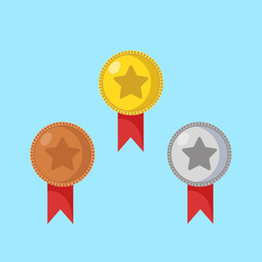 Gold medal with ribbon isolated on background. Silver bronze badge for winner with star. Golden medals, prize, trophy, award for 1st place. Victory, success concept. Vector flat design illustration.