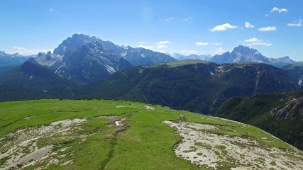 AERIAL VIEW: flight over National Park Tre Cime Di Lavaredo. Italian Dolomite
