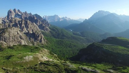 AERIAL VIEW: flight over National Park Tre Cime Di Lavaredo. Italian Dolomite