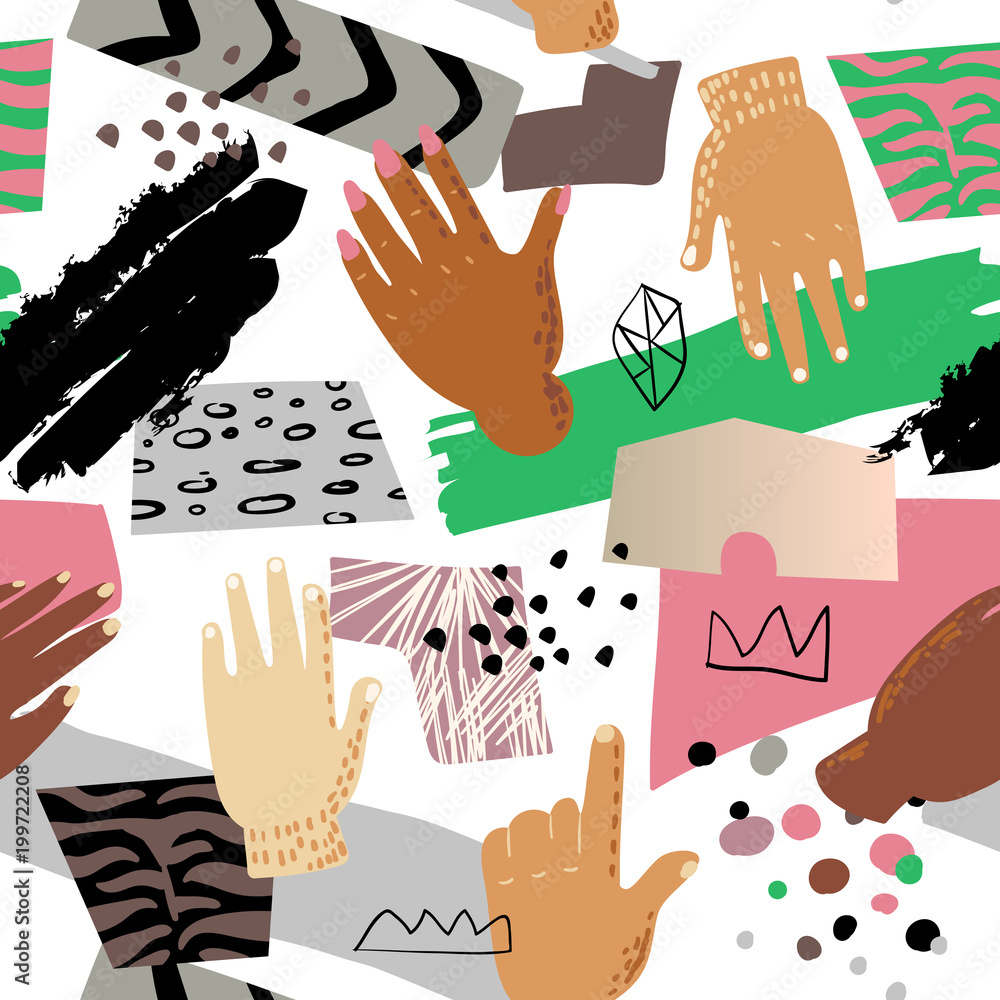Poster seamless pattern with hands. hand drawn childish background with abstract elements for fabric textil
