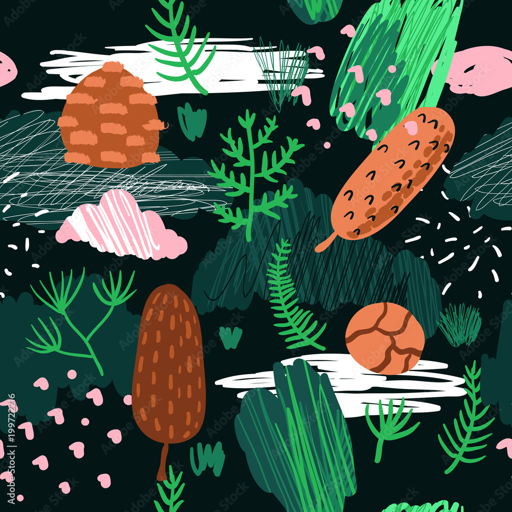Poster seamless pattern with trees, branches and fir cones. childish forest background with abstract elemen