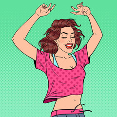 Popart vreugdevolle dansende jonge vrouw portret. Opgewekt tienermeisje. vector illustratie