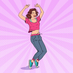 Pop Art Happy Young Woman Dancing. Excited Teenager Girl. Vector illustration