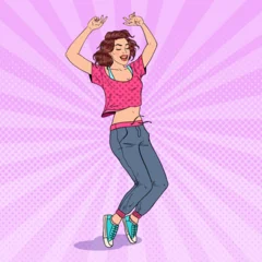 Selbstklebende Fototapete Pop Art Pop Art Happy Young Woman Dancing. Excited Teenager Girl. Vector illustration