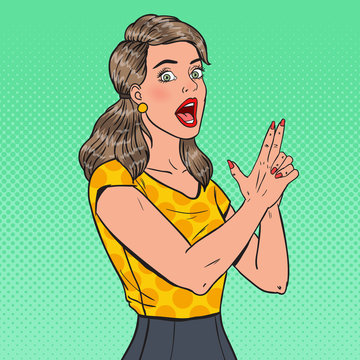 Pop Art Pretty Woman Gesturing with Finger Gun. Playful Girl. Vector illustration