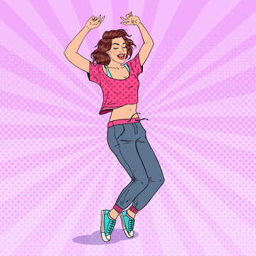 Fototapeta Pop Art Happy Young Woman Dancing. Excited Teenager Girl. Vector illustration