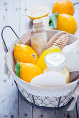 Wellness with Lemon, Lemon bath, Spa still life of organic soap, salt scrub,oil, Cosmetic cream, Shower gel and lemon
