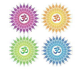 4 mandalas in various colors. Mandala. Aum (om) symbol  in a halo and openwork pattern. Spiritual symbol. Motives of Eastern culture. Vector graphics.