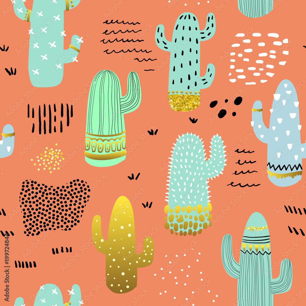Poster seamless pattern with cute cactuses. childish cactus background with abstract elements for fabric te