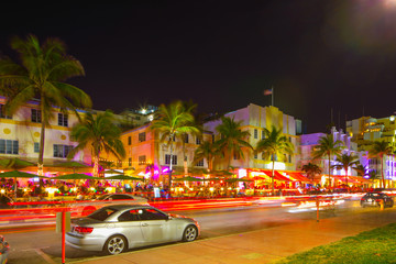 Ocean Drive Miami Beach night scene restaurants and deco hotels