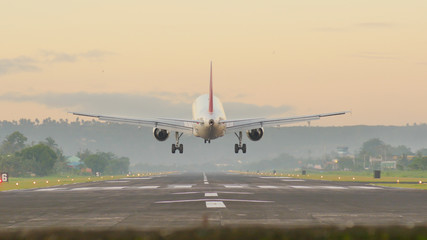 Fototapeta na wymiar Landing aircraft at the airport of the city of Legazpi early in the morning. Philippines.