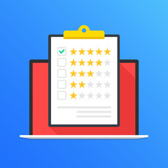 Laptop and clipboard with rating stars. Five stars and green check mark in checklist. Customer review, quality control, customer service, client satisfaction concepts. Flat design. Vector illustration