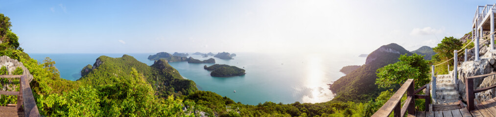 High angle view panorama beautiful nature landscape of sunrise over the sea and island from Ko Wua Ta Lap viewpoint in Mu Ko Ang Thong National Marine Park, Surat Thani, Thailand