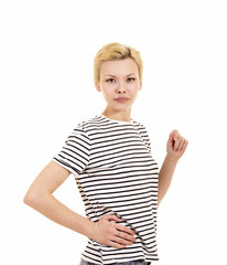 Young woman in striped tee shirt.