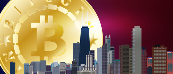 Big Golden bitcoin symbol over Chicago city. Bitcoin and blockchain technology concept. Bitcoin network with bitcoin sign on urban background. Blockchain, cryptocurrencies concept vector