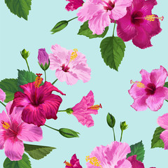 Tropical Purple Hibiscus Flower Seamless Pattern. Floral Summer Background for Fabric Textile, Wallpaper, Decor, Wrapping Paper. Watercolor Botanical Design. Vector illustration