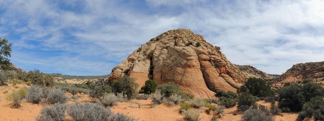Views of sandstone and lava rock mountains and desert plants around the Red Cliffs National Conservation Area on the Yellow Knolls hiking trail located in southwest Utah, north of St. George at the no